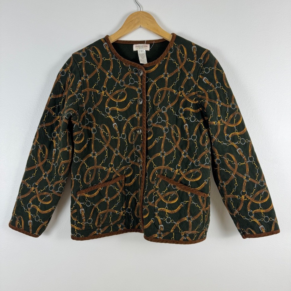 VTG! Jones New York Sport Quilted Jacket S Equestrian Belt Print Green Brown - Picture 2 of 12